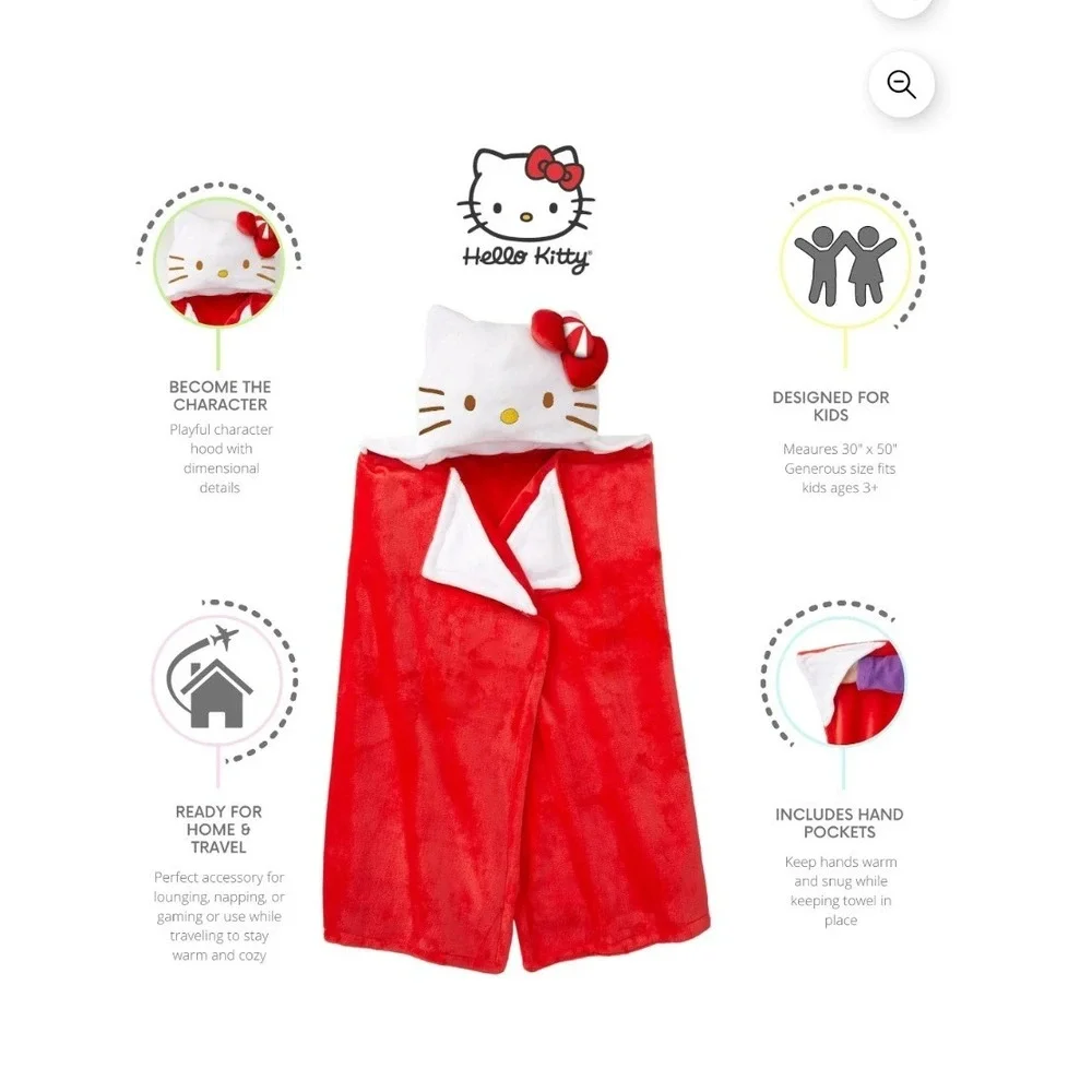 Hello Kitty Hooded Throw Blanket Red Peppermint Bow Kids Wearable‎ Plush 30x50